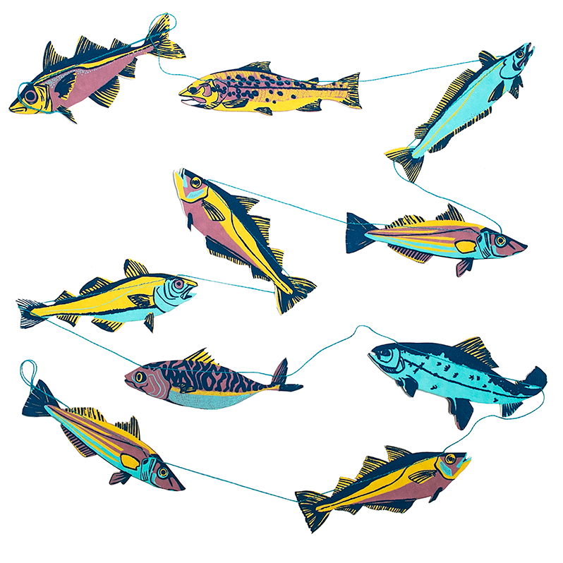 Fishes Screen Printed and Sewn Garland