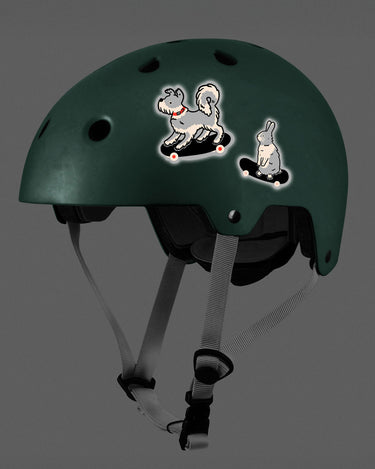 Reflective stickers of cute animals shown on a kids bike helmet