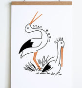 standing bird with sitting bird outlined in black with orange beaks and legs with stay home club text around them 