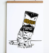 black line drawing of sitting cat with black and white chip bag with text ruffles and yellow chips over its head 