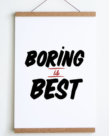 black and red text on white background boring is best in sign painter font 