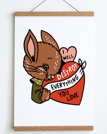 brown bunny with green shirt holding a pink and red heart with text that reads i will destroy everything you love inside hearts
