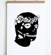 black and white drawing of head with leather  covering with zipper mouth and flower crown 