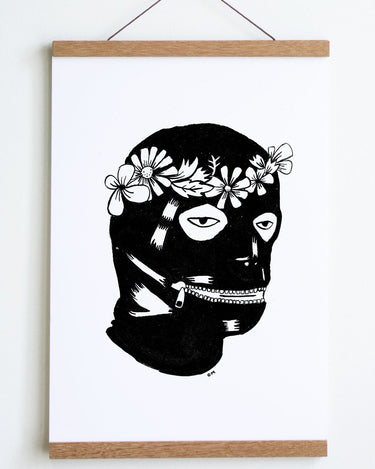 black and white drawing of head with leather  covering with zipper mouth and flower crown 