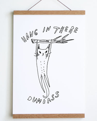 white background with loose line drawing in black of cat hanging from tree branch with text hang in there dumbass above and below image 